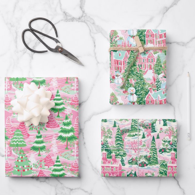 Pink and Green Christmas Trees Wrapping Paper Sheet (Front)