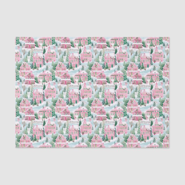 Pink and Green Christmas Village Tissue Paper (Front)