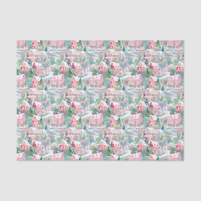 Pink and Green Christmas Village Tissue Paper (Front)
