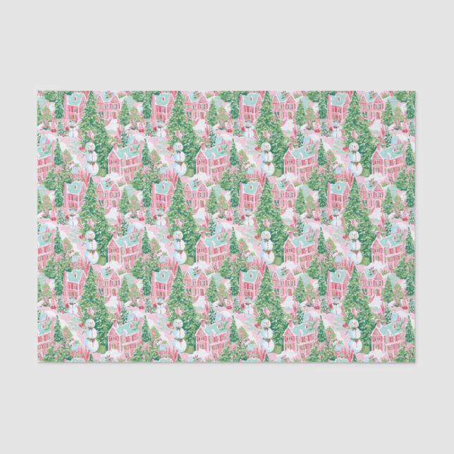 Pink and Green Christmas Village Tissue Paper (Front)