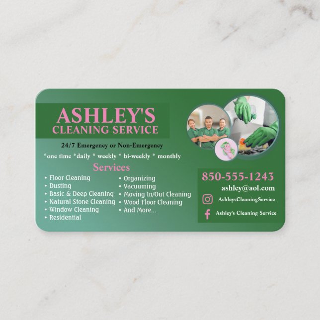 Pink and Green Cleaning Service Business Card  (Front)