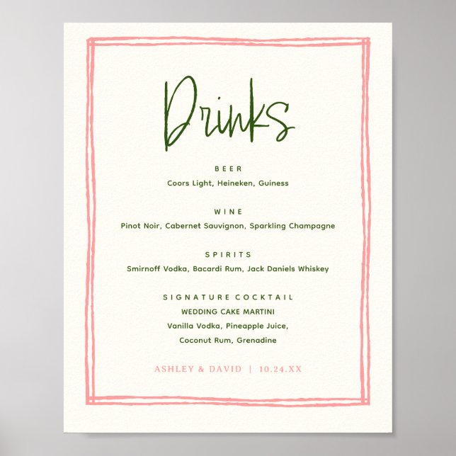 Pink and Green Colourful Fun Wedding Bar Drinks Poster (Front)