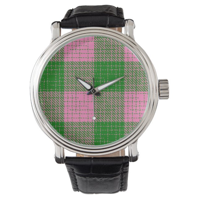 Pink and Green Crosshatch Chequered Pattern  Watch (Front)