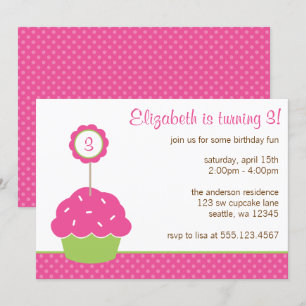 Pink and Green Cupcake Polka Dot Birthday Party Invitation