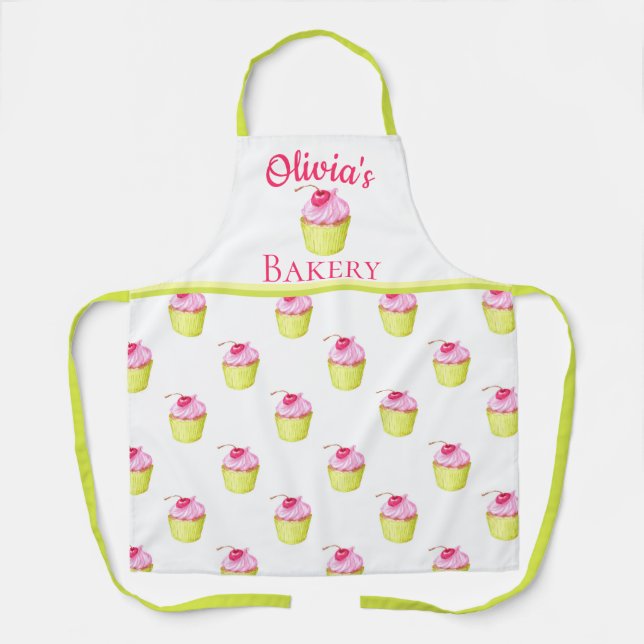 Pink and Green Cupcakes Personalised Bakery Name Apron (Front)