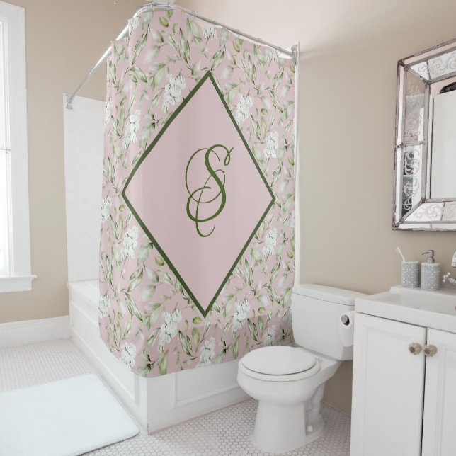 PINK AND GREEN CUSTOM SHOWER CURTAIN (In Situ)