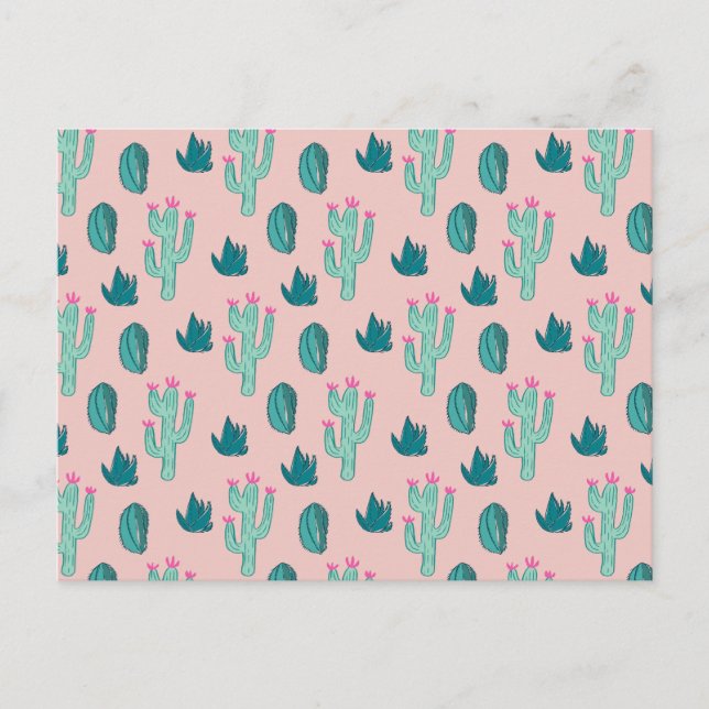 Pink and Green Cute Cactus Pattern Postcard (Front)