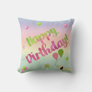 Pink and Green Dachshund Birthday Throw Pillow