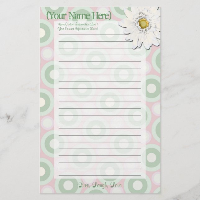 Pink and Green Daisy Personal Stationery (Front)