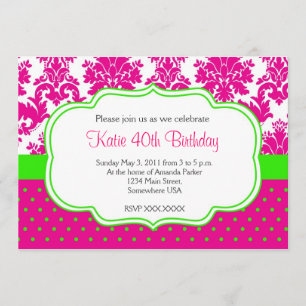 Pink and Green Damask and Dots Invitation