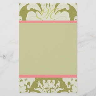 Pink and Green Damask Monogram 100% Recycled Paper