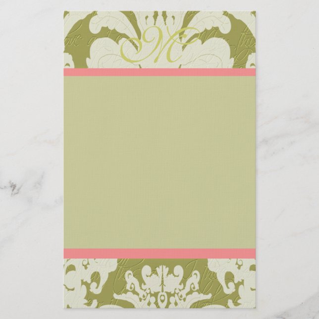 Pink and Green Damask Monogram 100% Recycled Paper (Front)