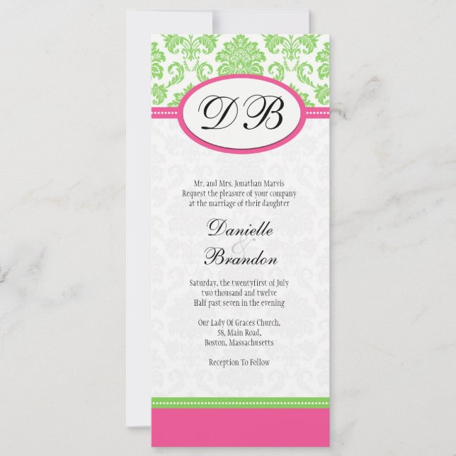 Pink and Green Damask Monogram Wedding Invitation (Front)