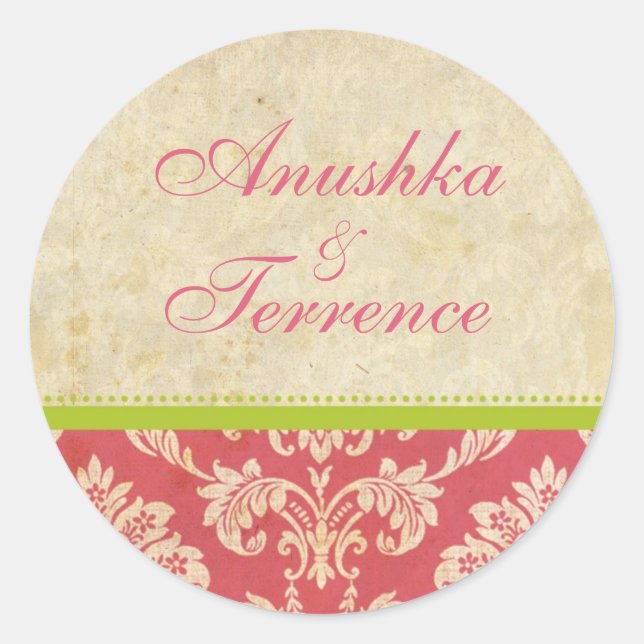 Pink and Green Damask Stripe Wedding Sticker (Front)