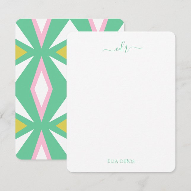 Pink and Green Diamond Monogram Note Card (Front/Back)