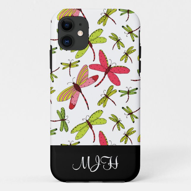 Pink and Green Dragonflies Monogram Initials Case-Mate iPhone Case (Back)