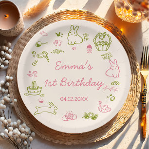 Pink and Green Easter 1st Birthday Party Paper Plate