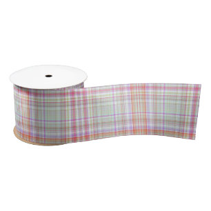 Pink and Green Elegant Modern Simple Plaid Pattern Satin Ribbon
