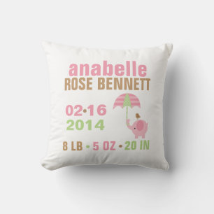 Pink and Green Elephant Baby Birth Announcement Cushion