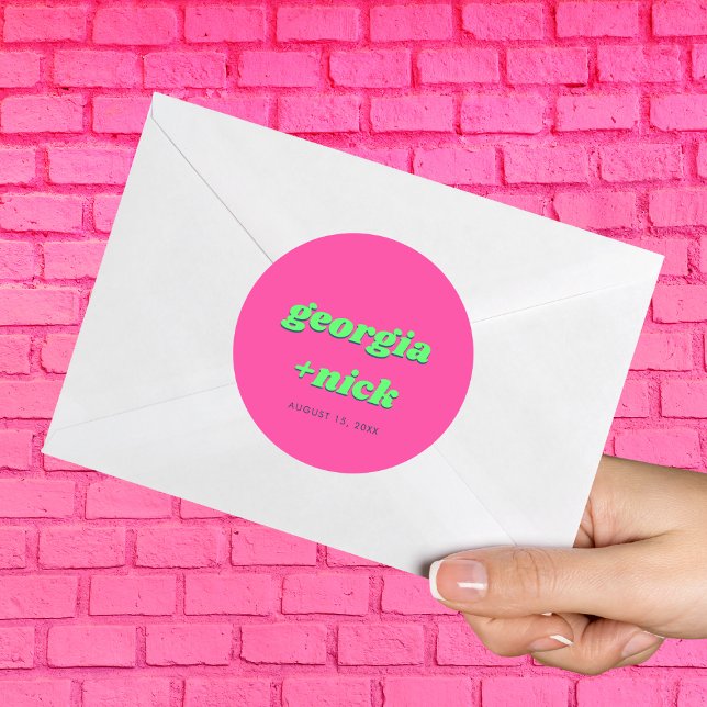 Pink and Green Engagement Party Wedding Classic Round Sticker (Creator Uploaded)