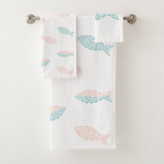 Pink and green fish bath towel set