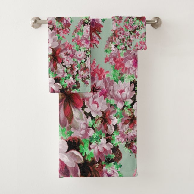 Pink And Green Floral Bath Towel Set (Insitu)