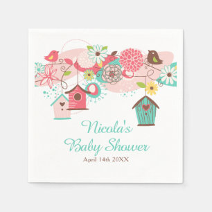 Pink and Green Floral Bird Cages Baby Shower Napkin
