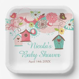 Pink and Green Floral Bird Cages Baby Shower Paper Plate