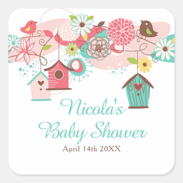 Pink and Green Floral Bird Cages Baby Shower Square Sticker (Front)