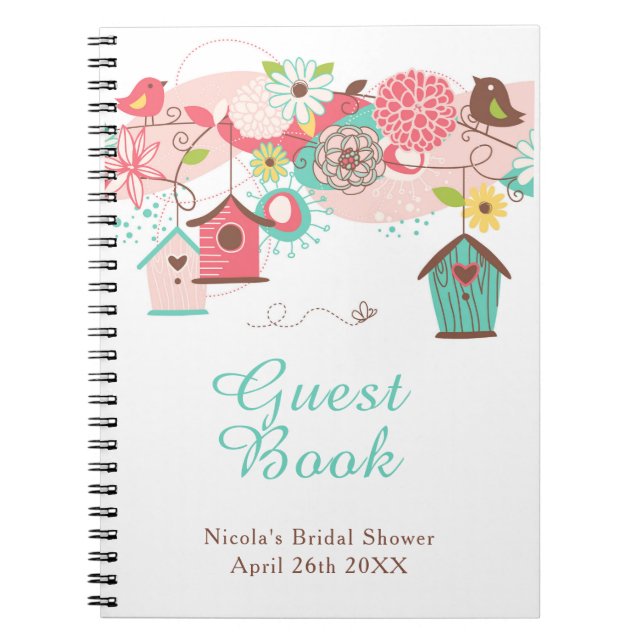 Pink and Green Floral Bird Cages Bridal Shower Notebook (Front)