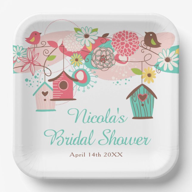Pink and Green Floral Bird Cages Bridal Shower Paper Plate (Front)