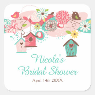 Pink and Green Floral Bird Cages Bridal Shower Square Sticker