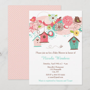 Pink and Green Floral Bird Houses Baby Shower Invitation