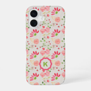 Pink and Green Floral Botanicals Monogram iPhone 16 Case