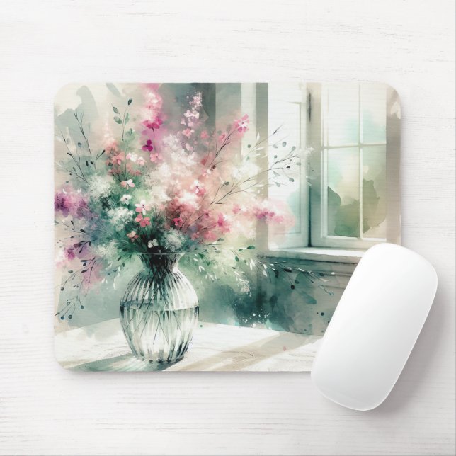 Pink And Green Floral Bouquet Mouse Mat (With Mouse)