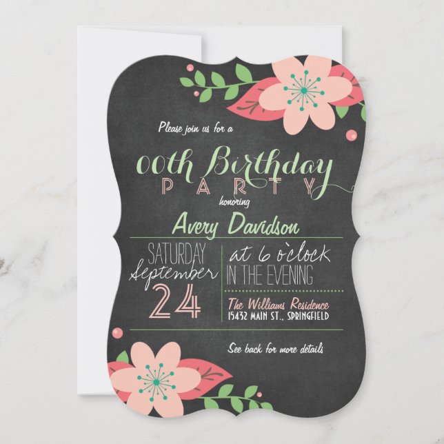 Pink and Green Floral Chalkboard Birthday Party Invitation (Front)