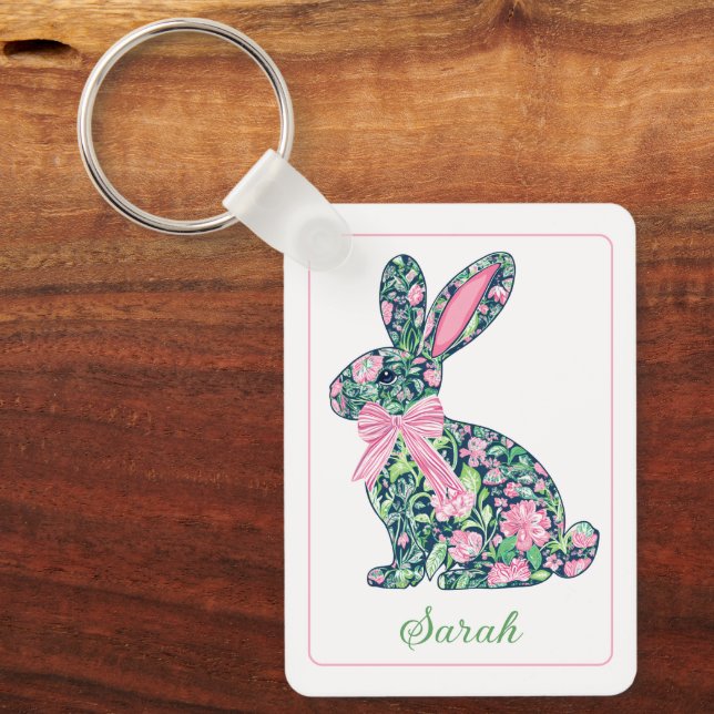Pink and Green Floral Chinoiserie Bunny With Bow Key Ring (Front)