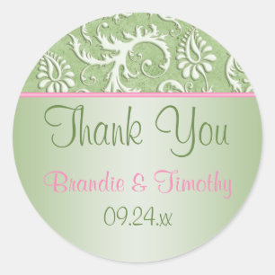 Pink and Green Floral Damask 1.5" Round Sticker