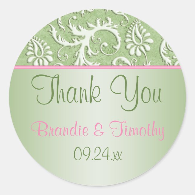 Pink and Green Floral Damask 1.5" Round Sticker (Front)
