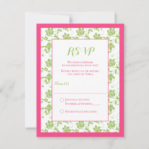 Pink and Green Floral Damask Wedding Reply Card