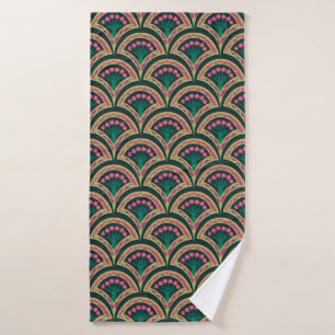 Pink and Green Floral Fan Pattern Bath Towel