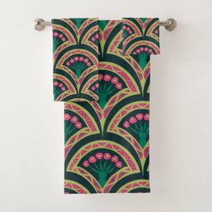 Pink and Green Floral Fan Pattern Bath Towel Set
