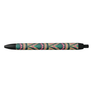 Pink and Green Floral Fan Pattern Black Ink Pen