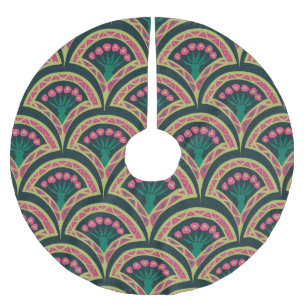 Pink and Green Floral Fan Pattern Brushed Polyester Tree Skirt