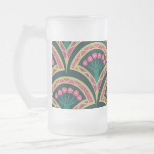 Pink and Green Floral Fan Pattern Frosted Glass Beer Mug