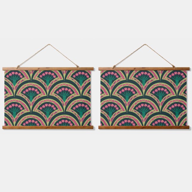 Pink and Green Floral Fan Pattern Hanging Tapestry (Double)