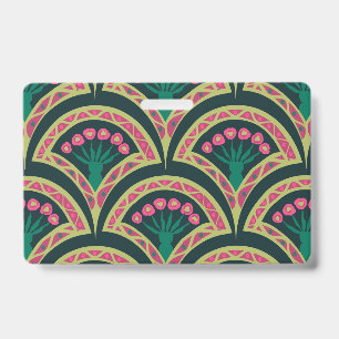 Pink and Green Floral Fan Pattern ID Badge