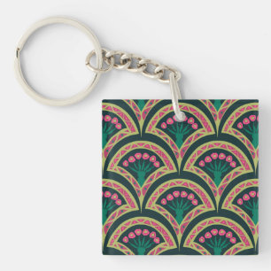 Pink and Green Floral Fan Pattern Key Ring
