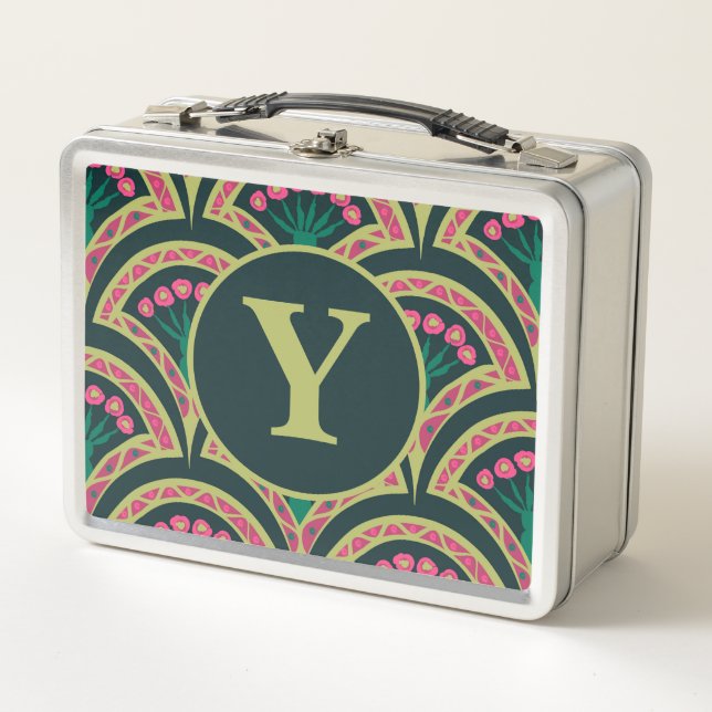 Pink and Green Floral Fan Pattern Metal Lunch Box (Front)