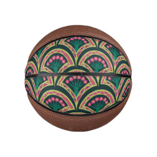 Pink and Green Floral Fan Pattern Mini Basketball